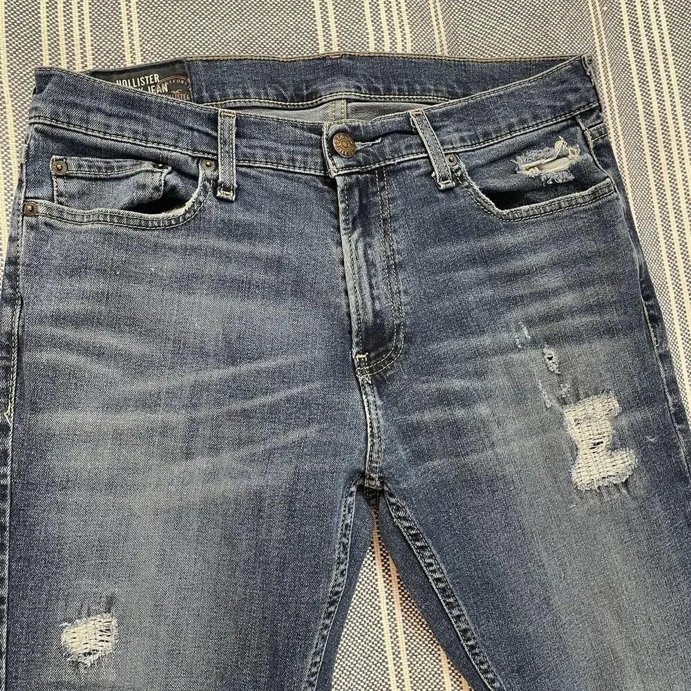 Hollister Skinny Jeans Mens 33x32 Blue Distressed Light Stretch